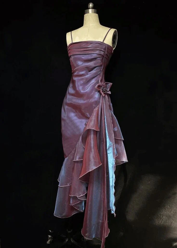 Vestido de fiesta vintage de sirena con tirantes finos y volantes asimétricos